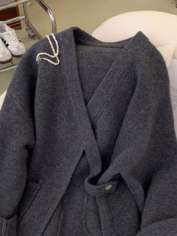 رمادي الخامس الرقبة قطري مشبك الراكون المخملية منتصف طول سترة للنساء الخريف/الشتاء سميكة وكسول نمط فضفاض سترة غير رسمية