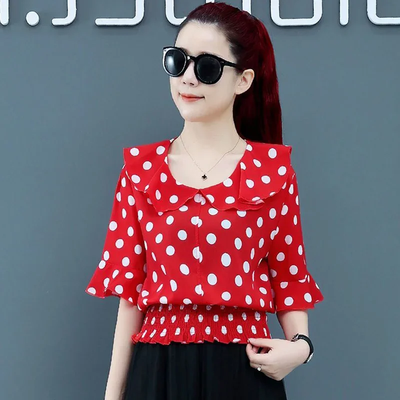 

Elegant Ruffles Spliced Shirring Polka Dot Blouse Women's Clothing 2023 Summer New Casual Pullovers Flare Sleeve Shirt D111