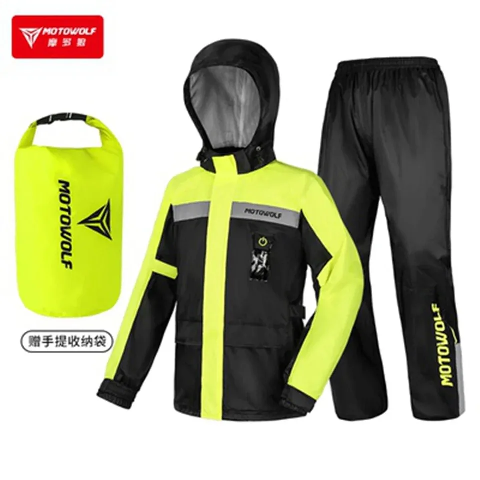 Motowolf Motorcycle Raincoat Split Set Waterproof  Rain Suit Rain Clothes Carrying Reflective LED Light Quick Drying Raincoat