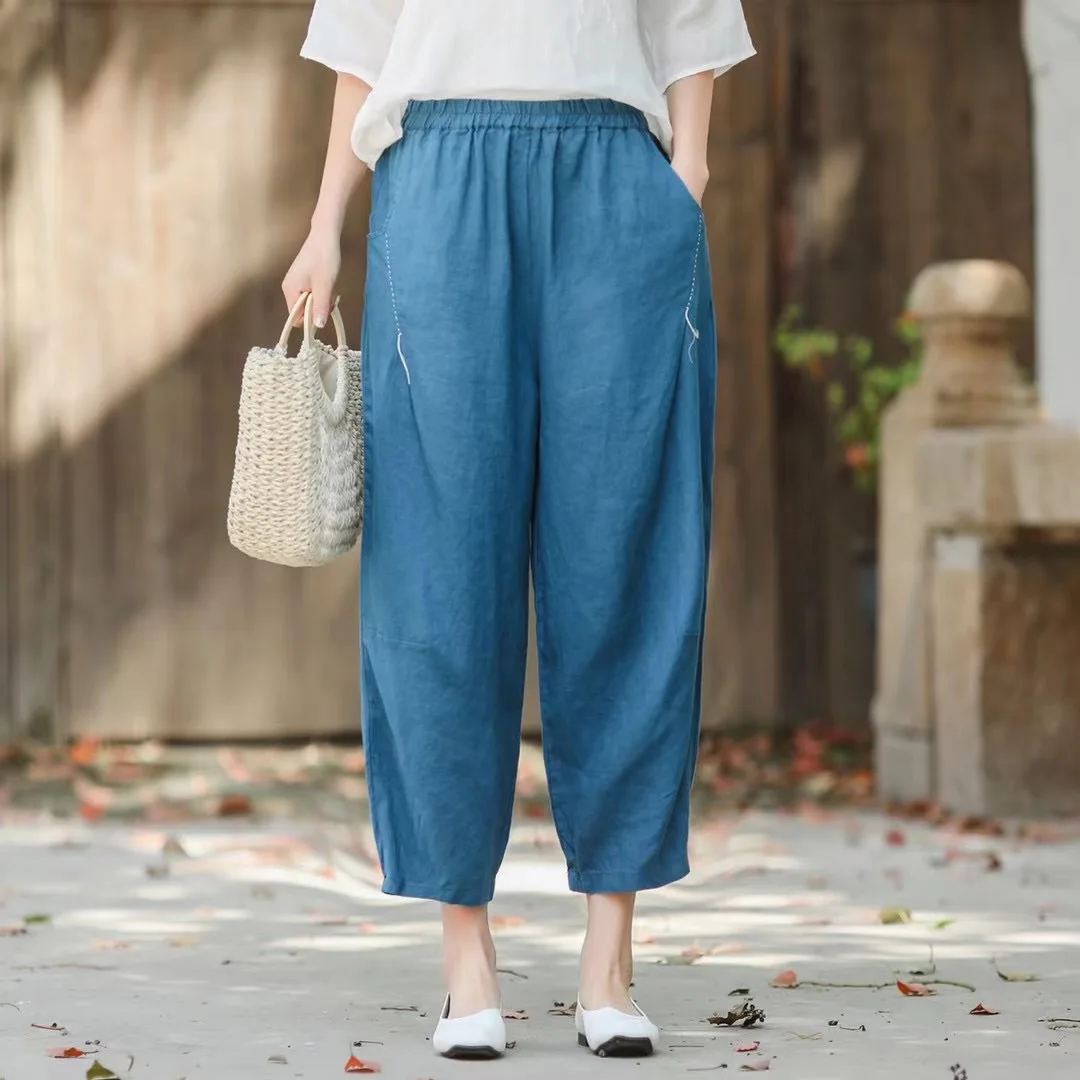 Women Linen Pants Ladies Elastic Waist Flax Pants Female Solid Color Embroidered Linen Trousers Summer Calf Length Pants FT91 denim capris