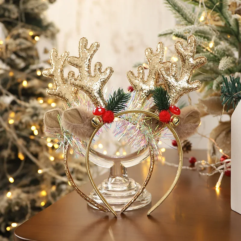 Christmas Hair Band Gold Red Elk Horn Bell Headband Merry Christmas Gifts For Kids Happy Party Decor Sequined Headwear for Girls
