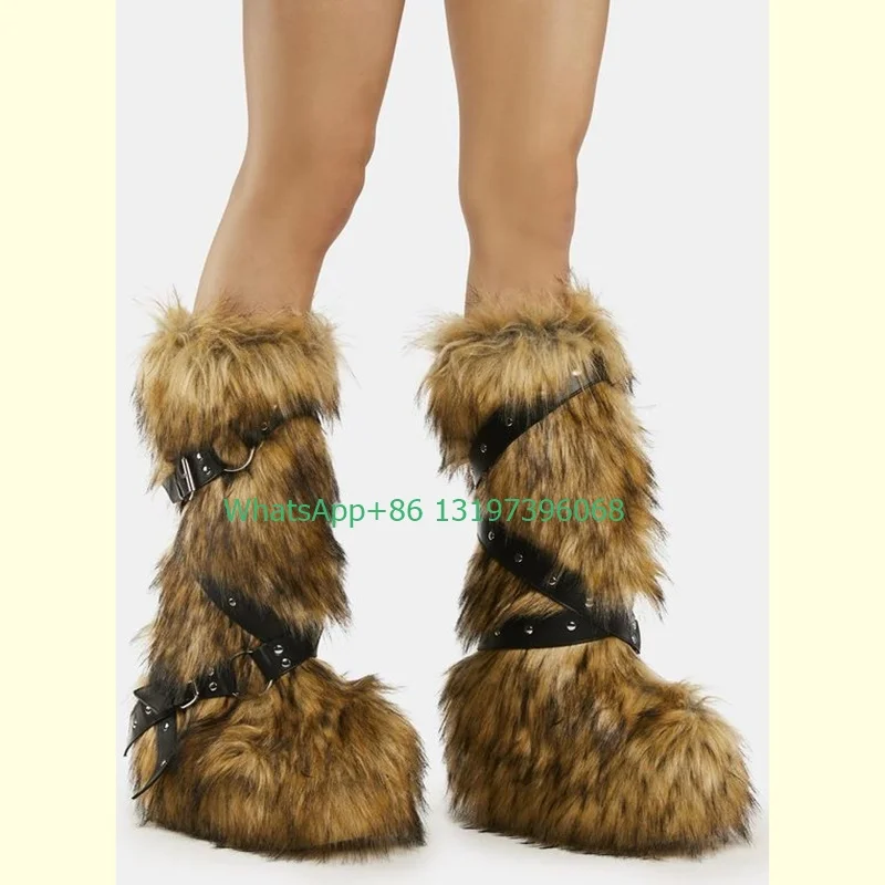 

Lady Faux Fur Knee High Wedge Platform Boots Brown color feather warm punk style Y2K dress knee boots lace-up shoes size 46