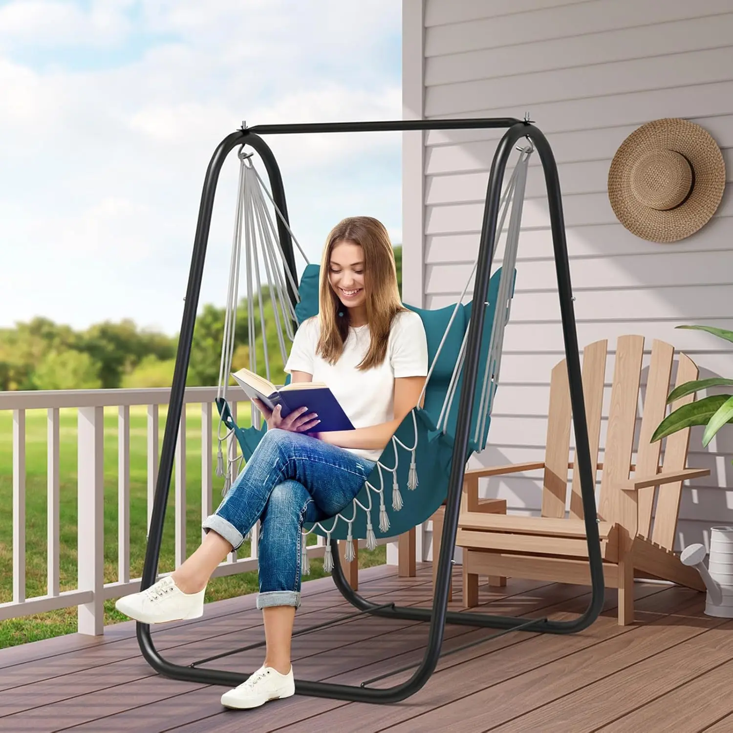 Hammock Chair with Stand. Heavy-Duty & Rustproof. Hanging Chair. For Indoor, Outdoor, Patio, Yard, Garden, Porch. Aqua.