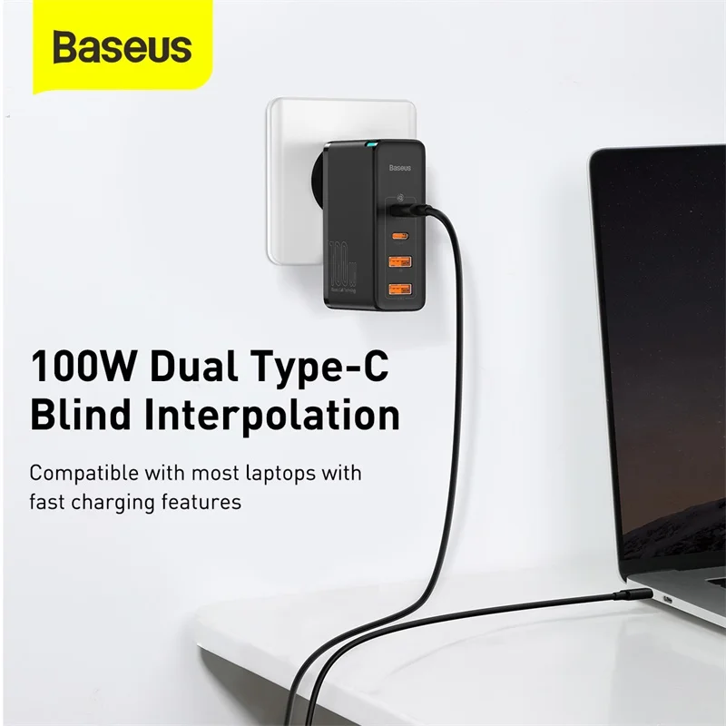Baseus Enerfill USB C Oplader, 100 W, 3-Poorts USB C-voeding, PD Oplader Met PPS, GaN Snellader Compatibel Met Macbook Pro Air Ipad Laptop Iphone 16 Pro Max Galaxy S25 Pixel Zwart