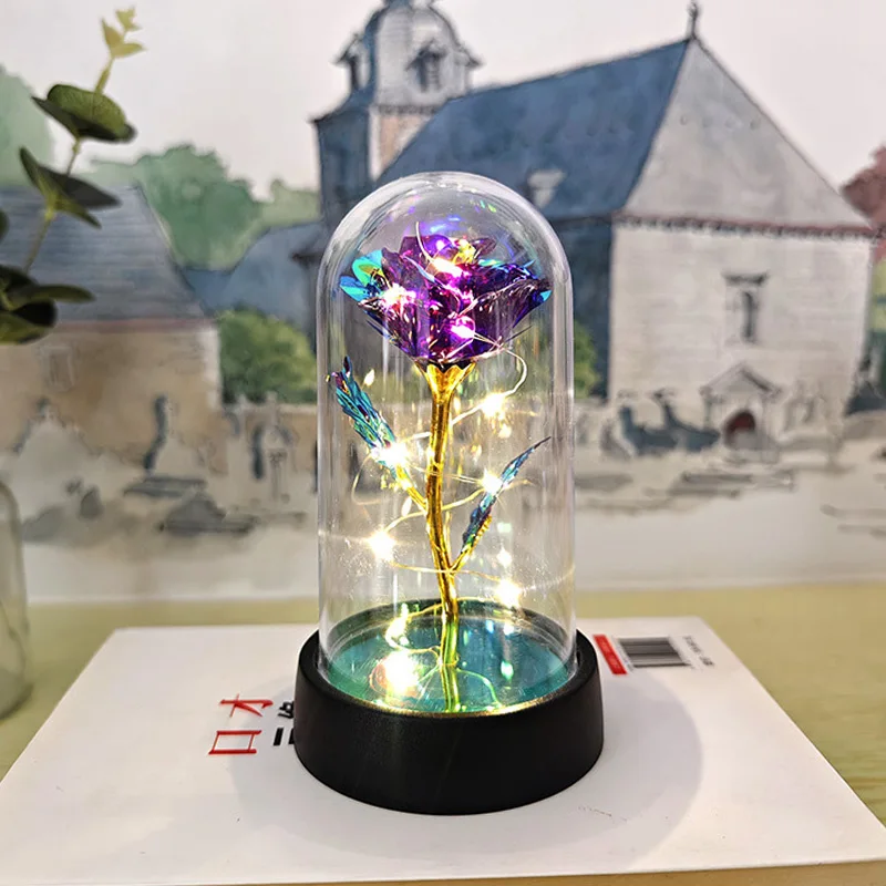 Eternal Rose Flower Glow Rose in The Glass Artificial Flower Desk Accessorie LED with Box Lover Gift Mother's Day Gift Artificial Flower Toys