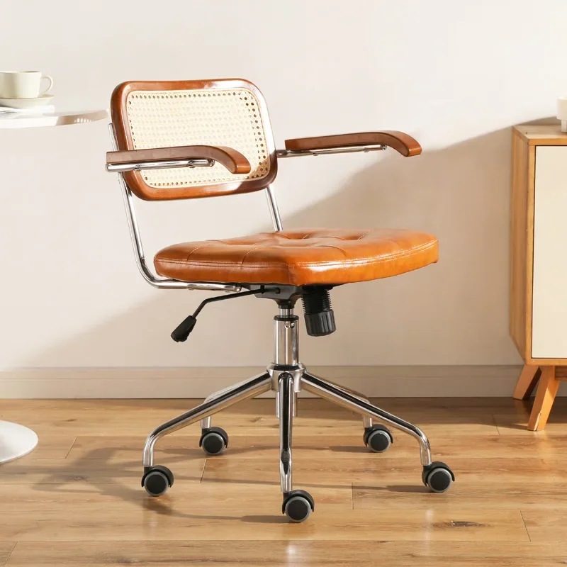 Japanese Retro Office Chair Rattan Computer Chair Leather Desk Chair Swivel Lift Chairs Study Desk Chairs Office Home Furniture