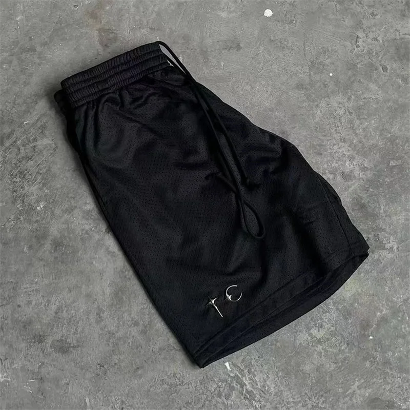Black Athletic Breathable Mesh THUG CLUB TC Mesh Shorts Mens Womens Loose Drawstring Retro Casual Shorts Summer Athletic Shorts