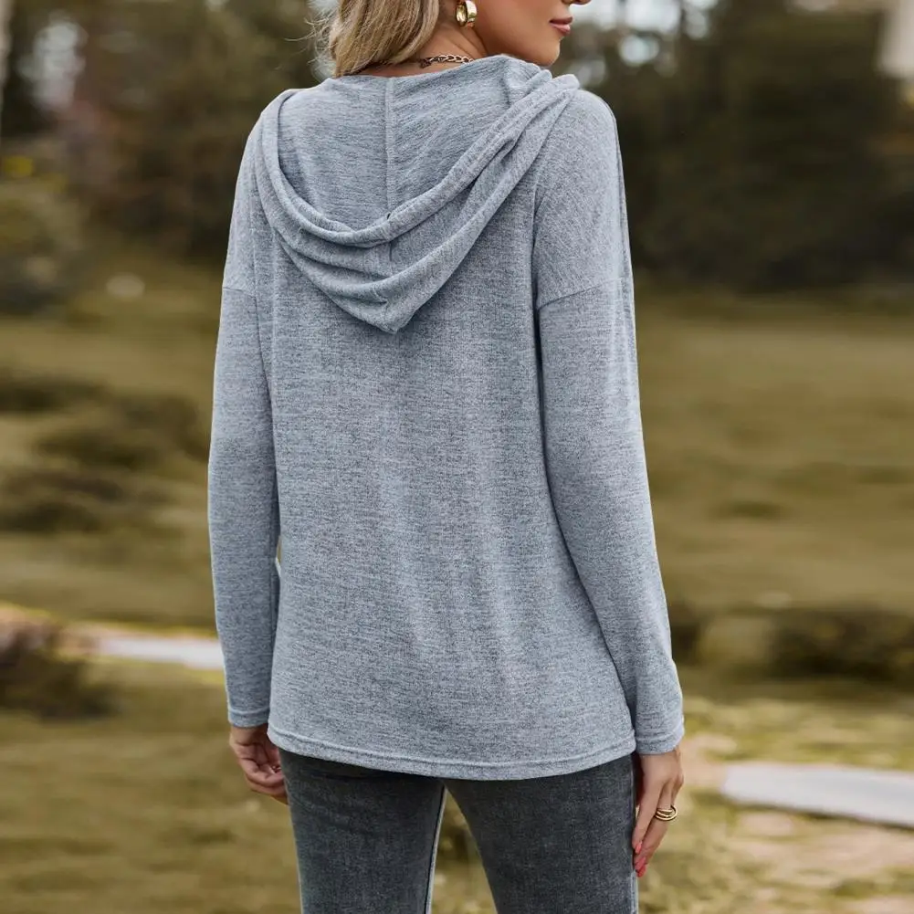 

Soft Stretchy Long Sleeve Top Soft Breathable V Neck Drawstring Hooded Blouse for Women Mid Length Lady Hoodie with Long Sleeve
