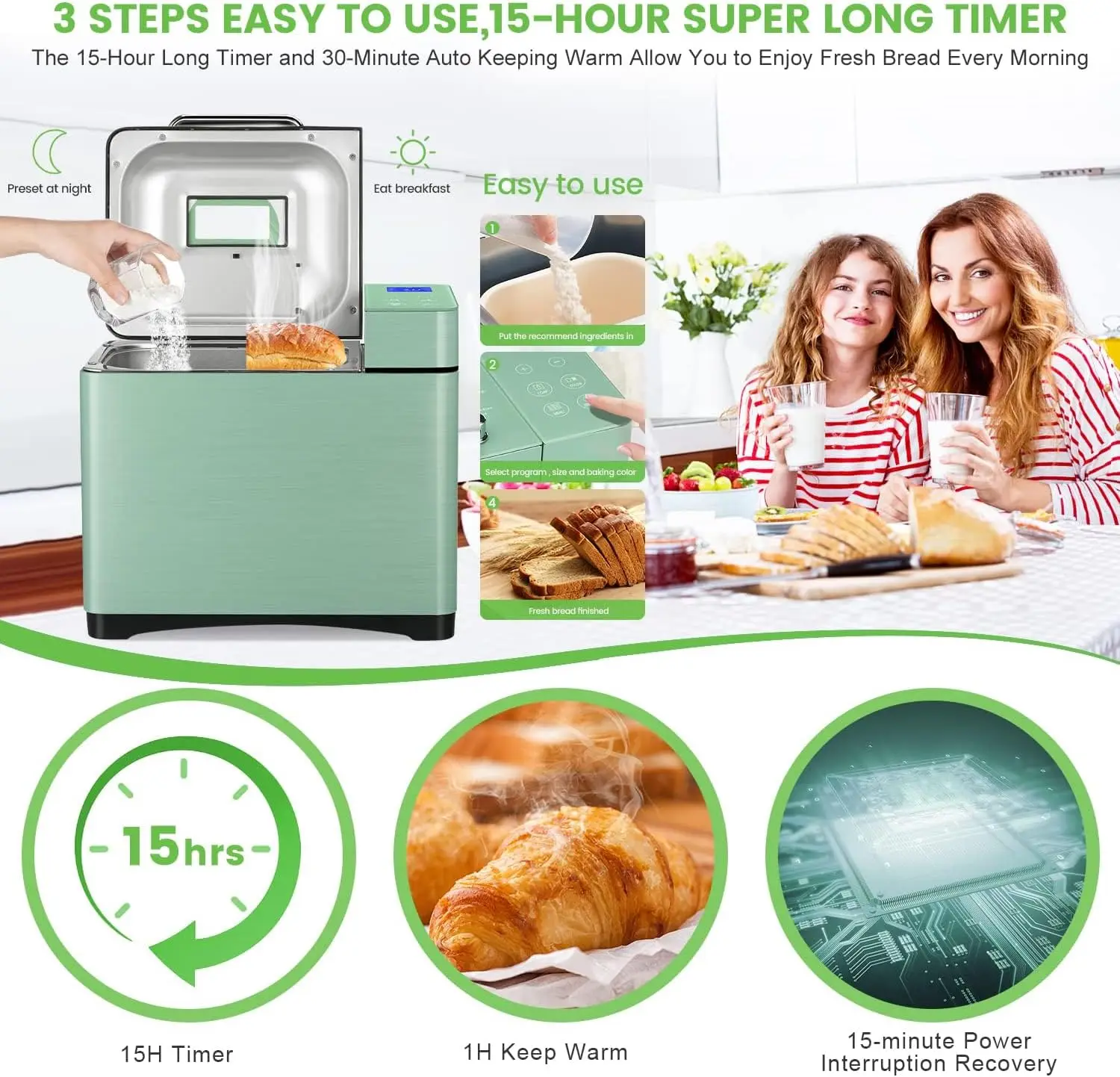 Bread Maker Machine with Dual Heaters, 17-in-1 Bread Machine With Die-Cast Ceramic Pan & Auto Fruit Dispenser, Full Stainless St 6