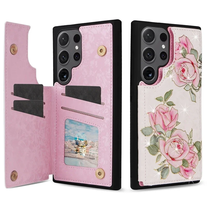 Floral Wallet Card Holder Flip Leather Case with RFID Blocking Technology