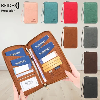 Porta documenti da viaggio con borsa per passaporto con blocco RFID multifunzionale con portafoglio porta biglietti con cerniera lunga per passaporti multipli