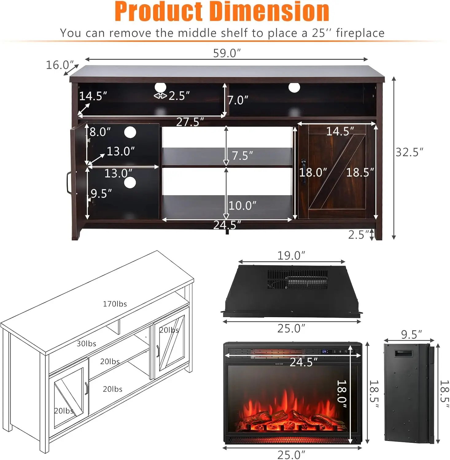 Electric Fireplace TV Stand, with 25 Inch 1350W Reccessed Faux Fireplace, 3 Flame Setting, 4 Brightness Remote Control 4