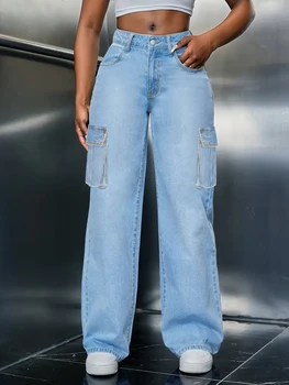 Plus Size Straight Leg Jeans for Women High Waisted Cargo Jeans for Women Stretchy Wide Leg Jean Womes Casual Baggy