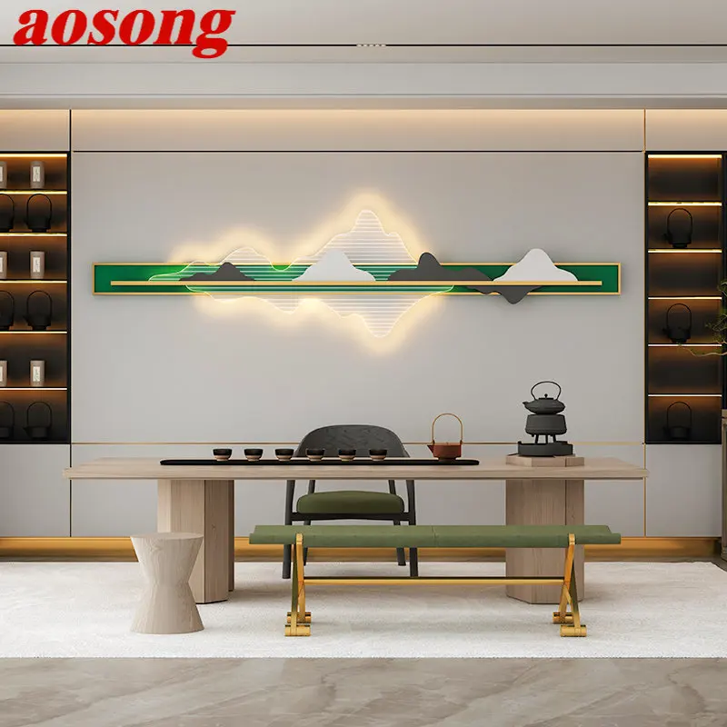 Aosong Modern Green Wall Picture Lights Creativo Rettangolare Hill Landscape Led Decor Sconce Per Soggiorno Camera Da Letto