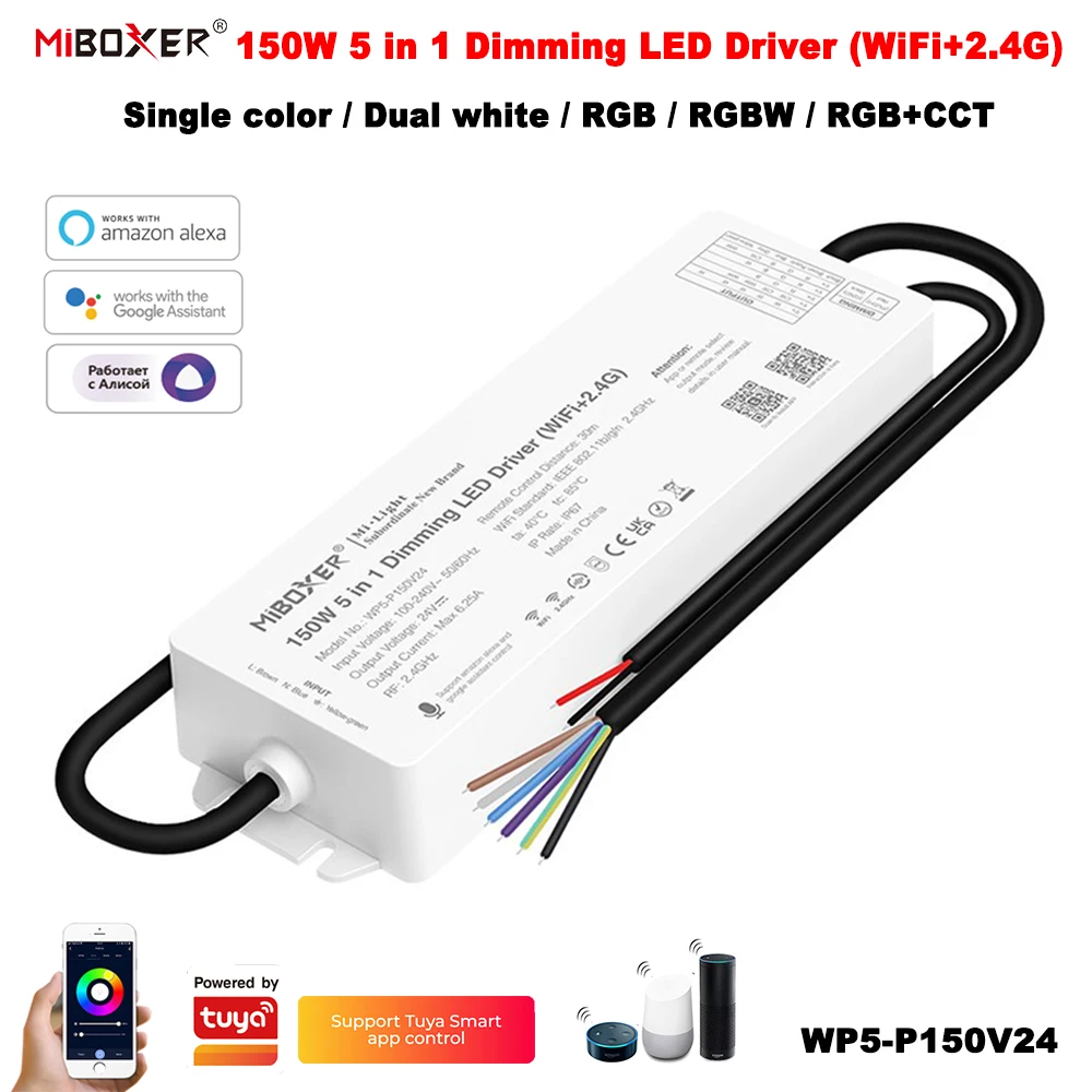 Miboxer WP5-P150V24 Tuya Smart 24V 150W WIFI + 2.4G ตัวขับกันน้ำสำหรับสีเดียว/สีขาวคู่/RGB/RGBW/rgbct แถบไฟ LED 1