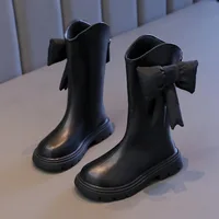 New Winter Girls Princess Cotton Boots Elegant Bowknot Children Causal Boots Fashion Black Versatile Kids Simple Mid-calf Boots 1