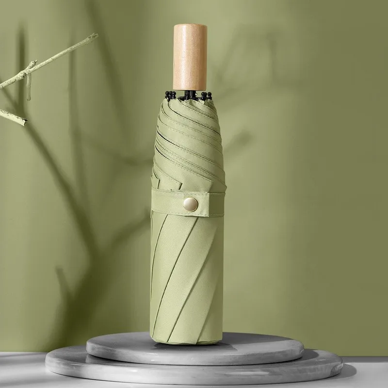 Three fold wooden handle Black gum un umbrella Sun protection uv