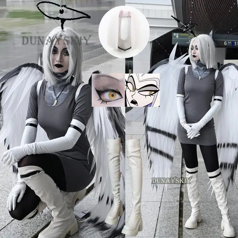 Hazbin 가발 루트 엔젤 애니메이션 루트 코스프레 호텔 파이트 코스튬, 할로윈 카니발 팬시 파티 실버 컬러 부츠, 코스프레 소품 