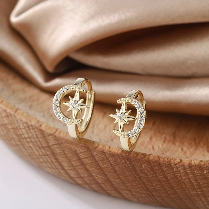Cute Star Moon White Zircon Small Round Hoop Earrings For Women Charm Gold Color Ear Buckle Wedding Jewelry Valentine's Day Gift