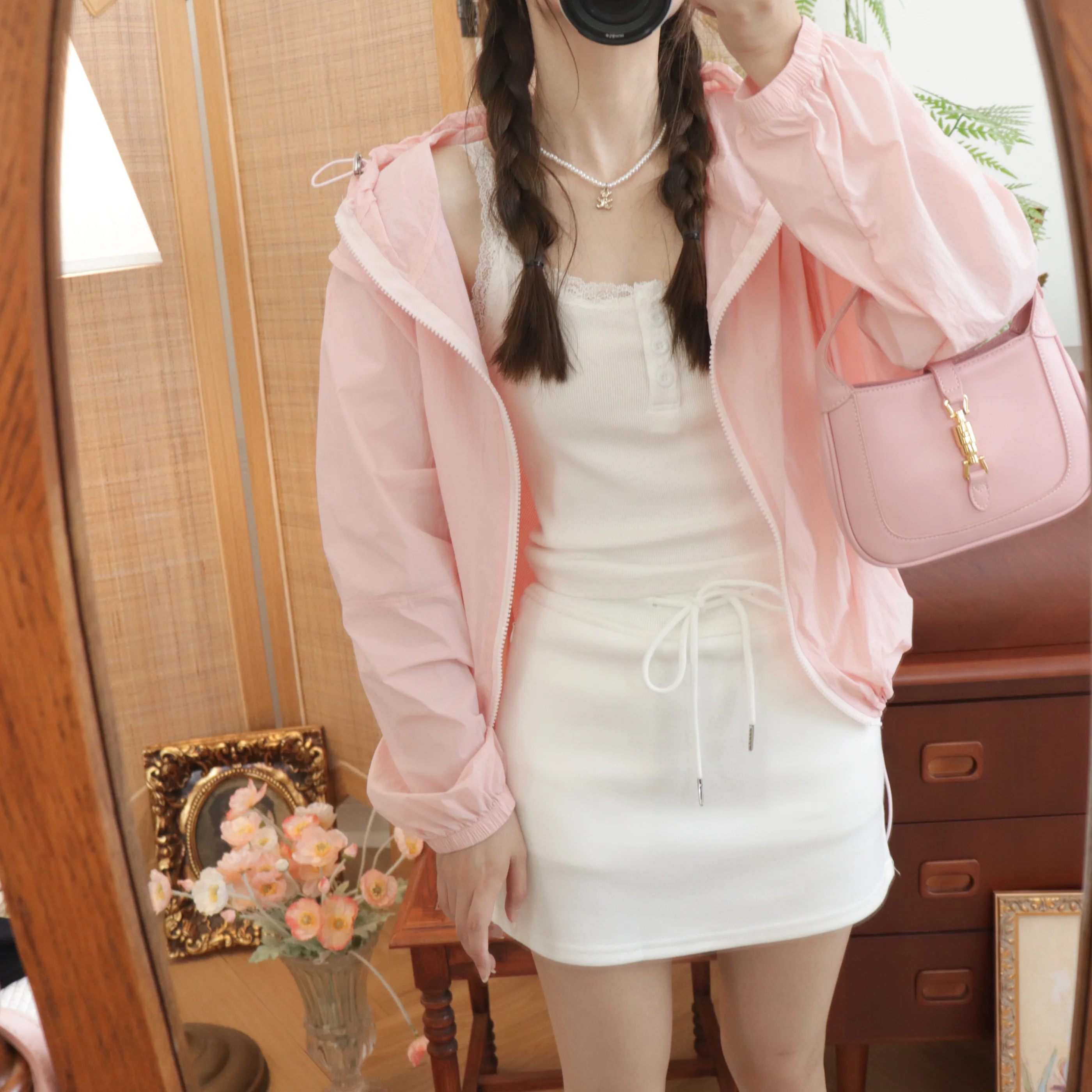 캠핑카화물 바람 Drawstring 후드 느슨한 작은 여름 태양 보호 경량 짧은 재킷 겉옷 여성 F 6205