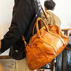 Fashion vintage luxury natural genuine leather men's large-capacity travel bag organizer handmade first layer cowhide handbags