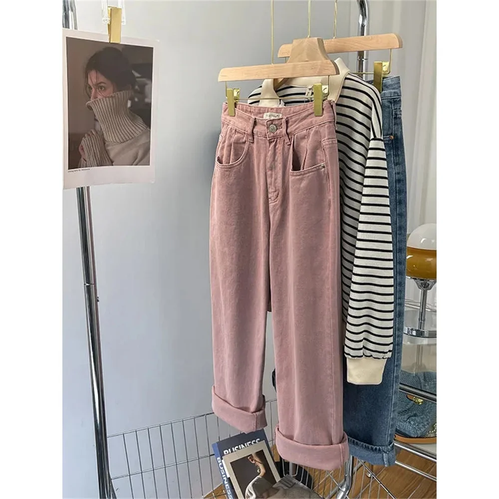 

Harajuku Loose Casual Solid Denim Pants Retro Harem Boyfriend Pink Jeans Women Streetwear Korean High Waist Mom Jeans