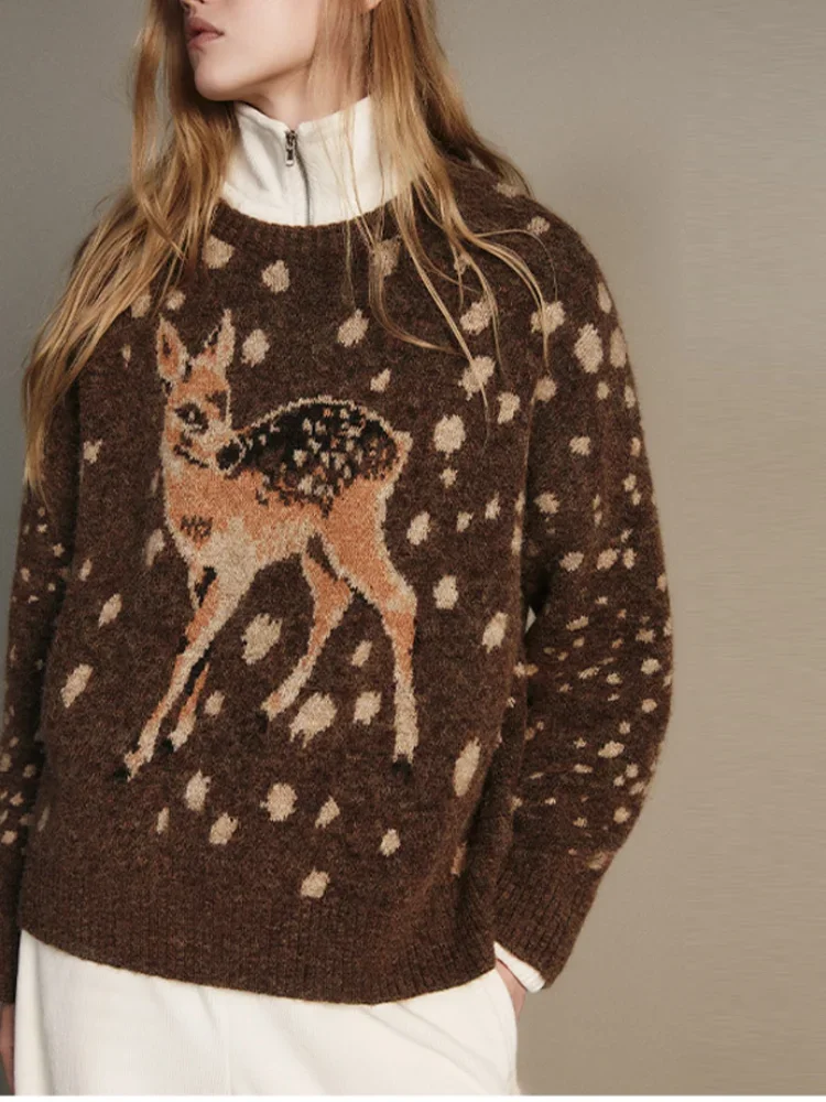 Mode Braun Hirsch muster Dot Gestrickte Pullover Beiläufige Lose O Hals Volle Hülse Lose TOP 2025, NEUE Herbst Dame Pendeln Oberbekleidung – Detail 4