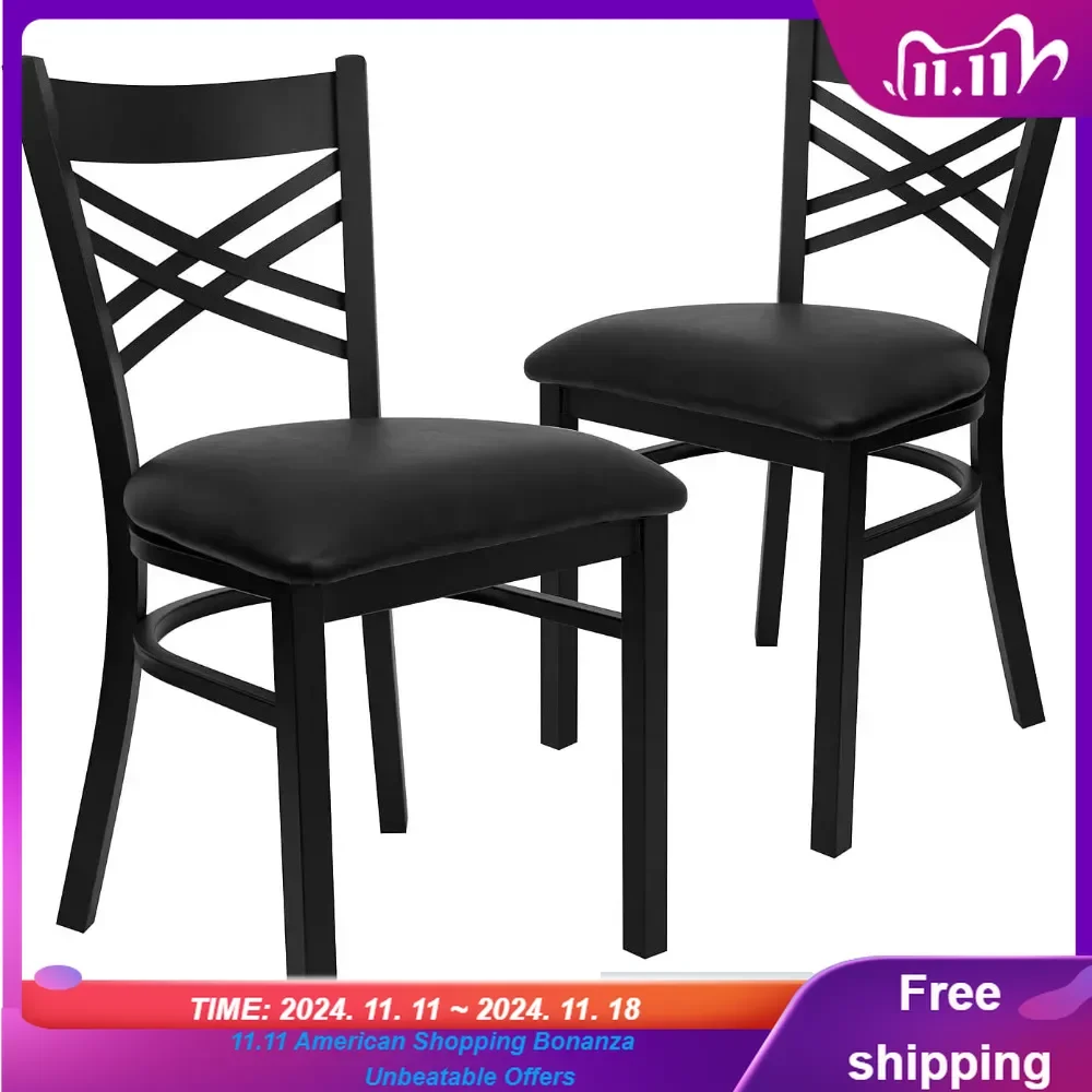 2 Pack HERCULES Series Black ''X'' Back Metal Restaurant Chair-Black Vinyl Seat