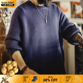 Maden Vintage Blue Stripe Knit Sweater Ribbed Crewneck Draped Soft Pullover Relaxed Fit Thermal Knitwear Tops for Autumn Winter