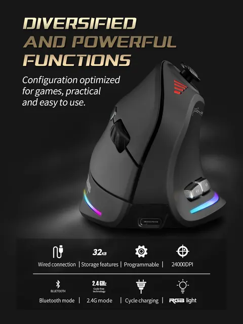 Souris Verticale Gaming RGB – Filaire/Sans Fil, 24000 DPI, Joystick & Boutons Programmables 2