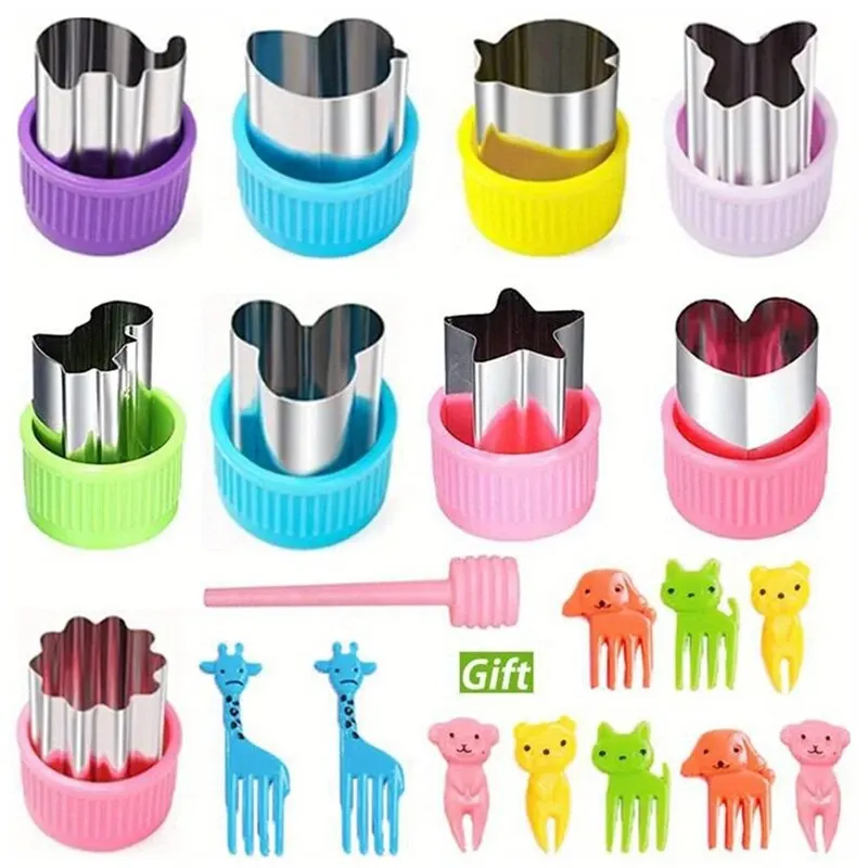 Vegetable Cutting Set 20 Piece Vegetable and Fruit Cutting Machine Set with 10 Fruit Forks 1 Release Rod Mini Cookie Cutting Sandwich Knife