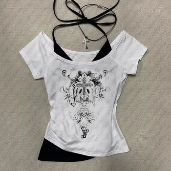 Y2k Aesthetic pattern Vintage Basic Tees Ladies Clothes Retro Graphic Top Short Sleeve Casual T Shirt for Women Millennium style 1