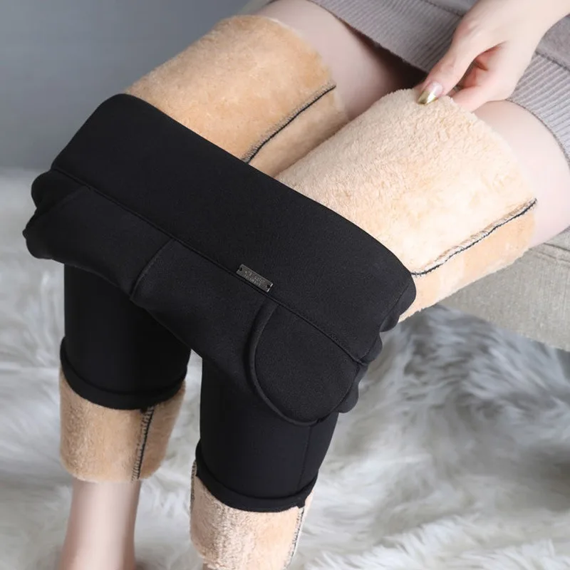 Super Warm Oversized 6XL Stretch Pencil Pants Velvet Snow Bottoms High Waist Thick Trousers Winter Lambswool Skinny Pants Women