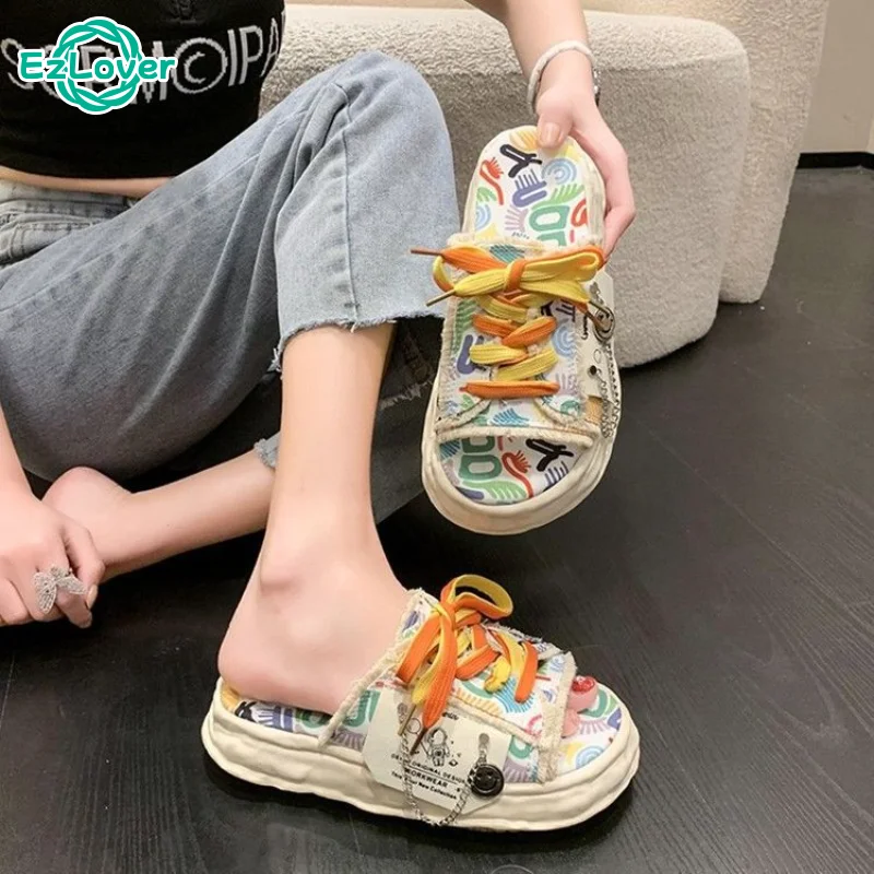 

Women Graffiti Slippers Fashion Design Summer Platform Shoes Mules Flip Flops Street Sandals Clogs Flat Casual Shoes For Female