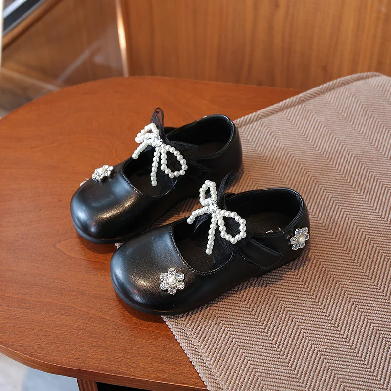 Girls Flat Shoes Round Toes Sweet Lace Bows Kids Leather Shoes Korean Style 2025 Autumn New Children Dance Shoes MaryJanes Ins
