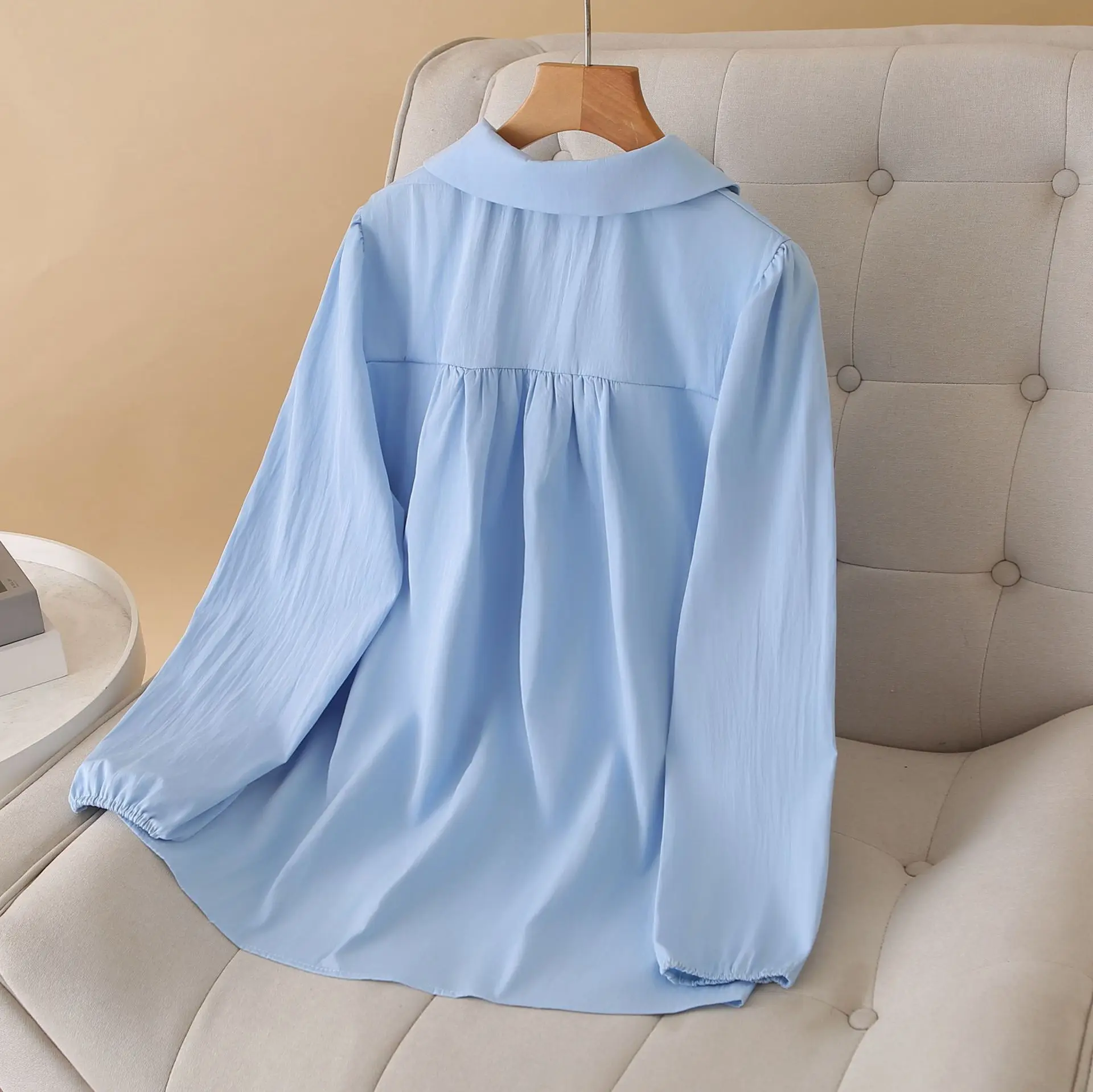 Plus Size Women's Blouses 2025 Autumn Casual double-button Puff Sleeved Peter Pan Collar Shirt 663