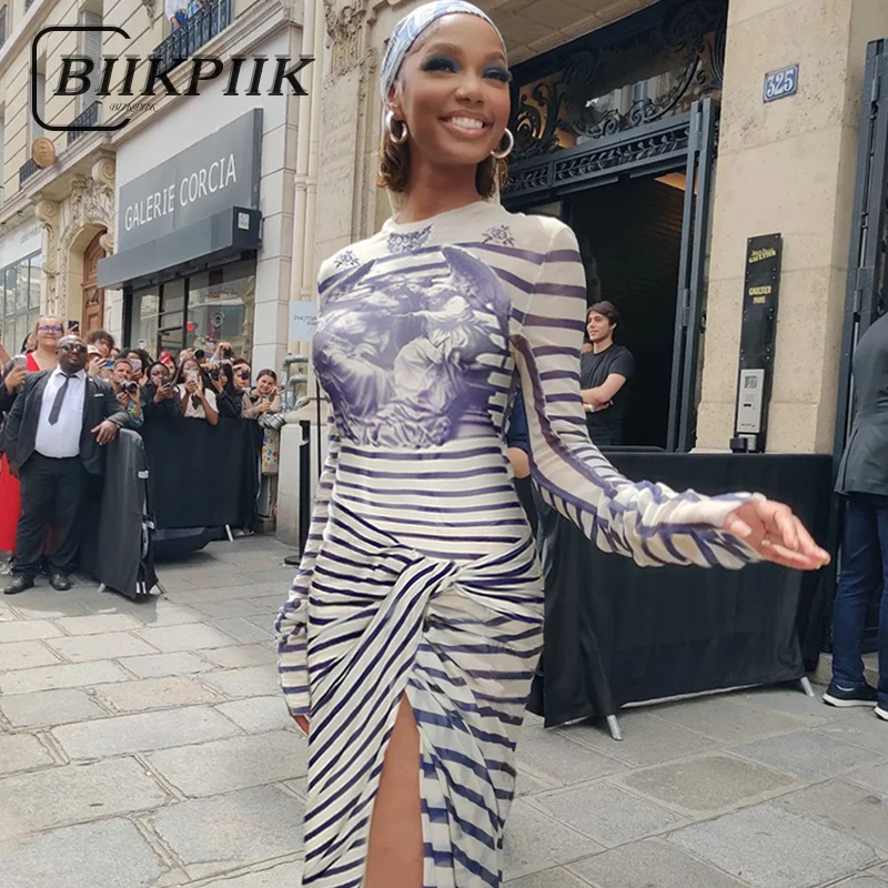 BIIKPIIK Fashion Print Striped Mesh Two Piece Sets Women Vintage Gothic Spring Summer Dresses Punk Streetwear Skirts Suit Unique