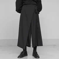 Spring Autumn New False Two-piece Skirt Pants Black Wide-leg Pant Elastic Waist Straps Women 2024 Irregular Casual Cropped Pants 1