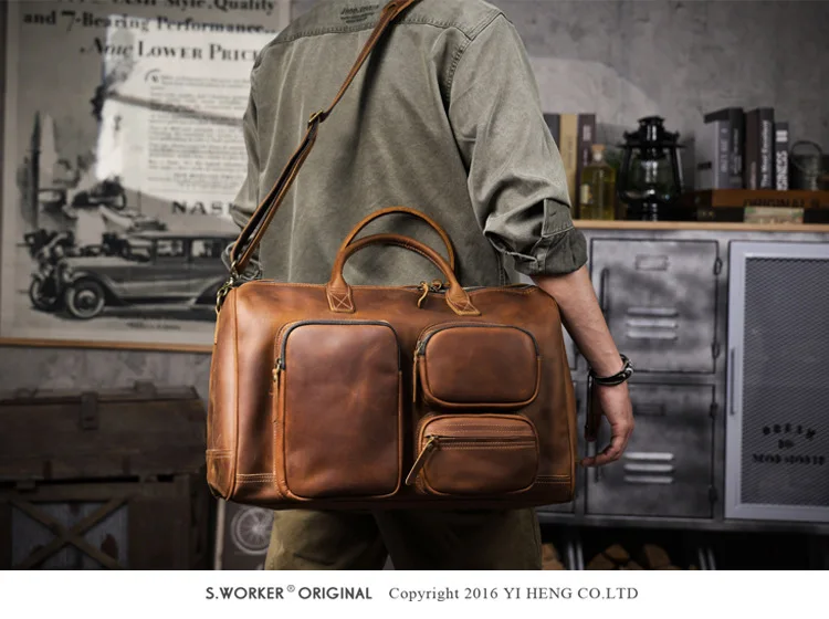 Lässige Vintage Crazy Horse Rindsleder Herren-Reisetasche mit großem Fassungsvermögen, luxuriöse, hochwertige Handtasche aus echtem Leder mit mehreren Taschen – Detail 2