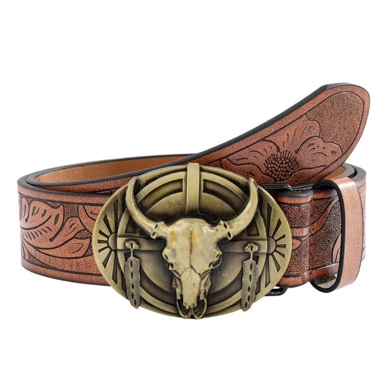 

Western Men Belt for Pants Engraved Pattern Waist Belt Ethnic Jeans Belt Oval Buckle Cowboy Belt Teens Vintage Accessory