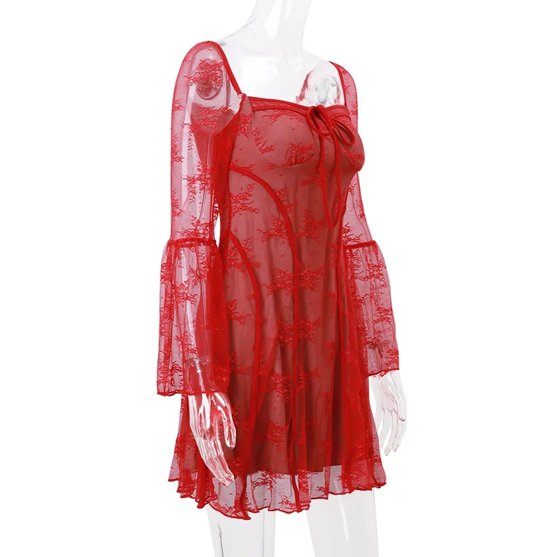 European and American women's new flared sleeve ballet style sexy and pure desire lace wrapped chest print long sleeved dress