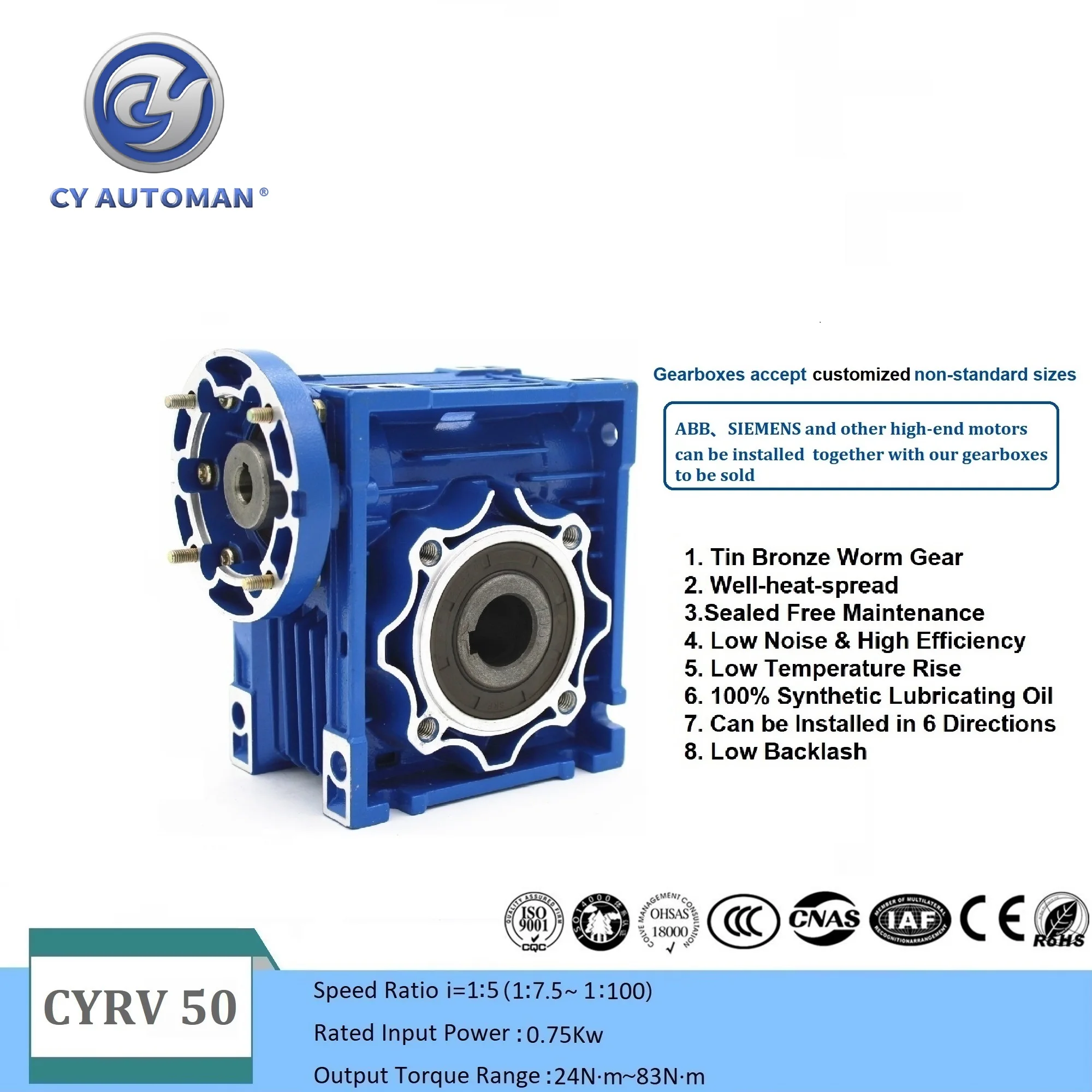 Червячный редуктор CYAutoman NMRV 050, вход 14/11/19 мм, выход 25 мм, соотношение 5:1/100:1, подходит для круглого квадратного фланца