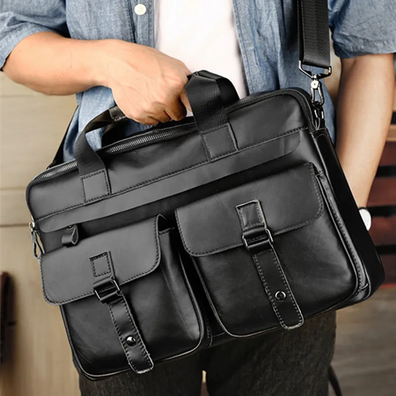 Business Genuine Leather Men's Briefcase Vintage Cowhide Handbag Large Capacity Shoulder Crossbody Bag Office 15.6 
