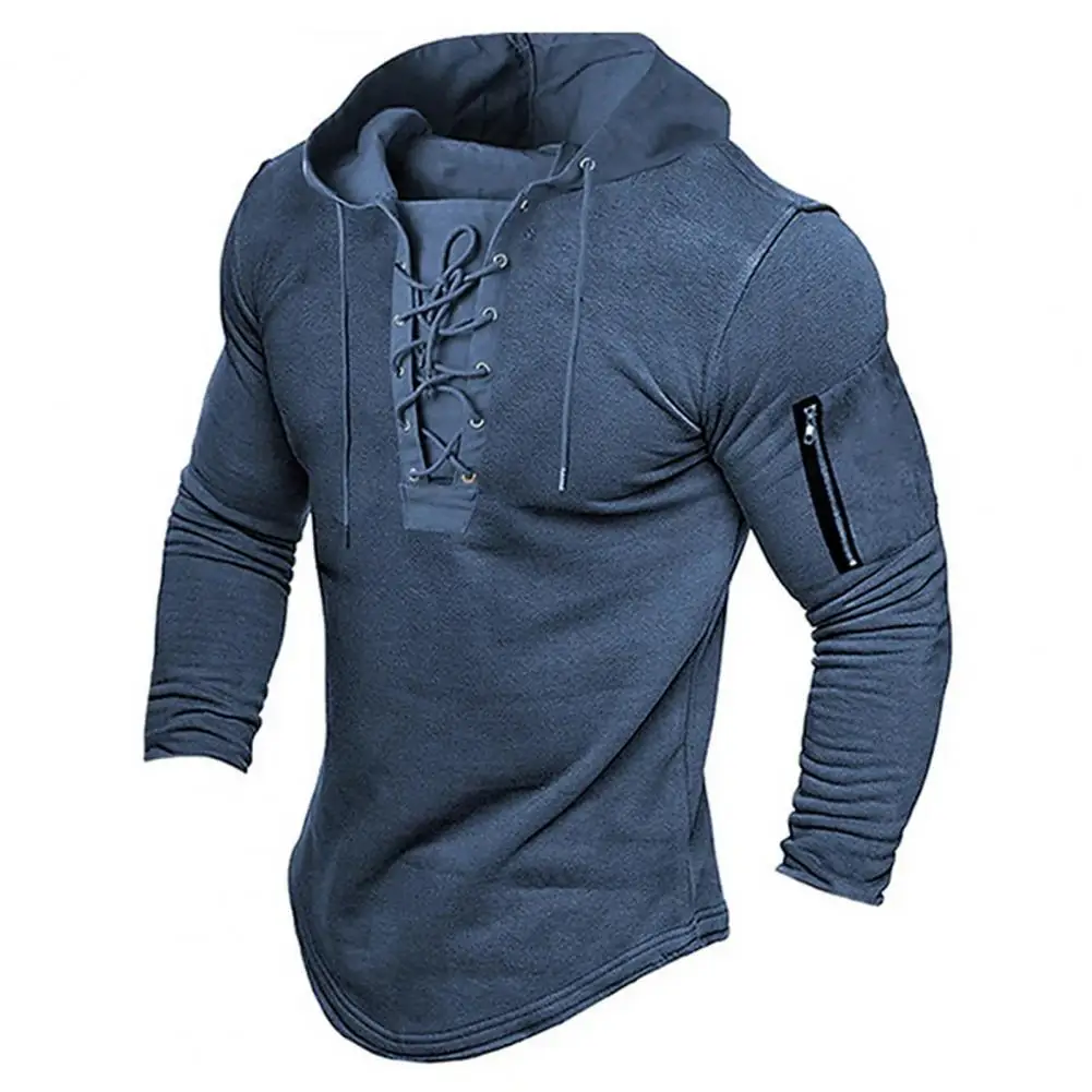 

Lightweight Men Hoodie Vintage Lace-up Hoodie Stylish Men's Pullover with Zipper Detailing Slim Fit for Spring Fall Casual Style
