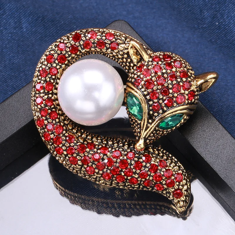 SKEDS Exsquisite Full Crystal Pearl Fox Brooches Pins For Women Men Fashion  Classic Vintage Animal Metal Badges Suit Clothes Pin