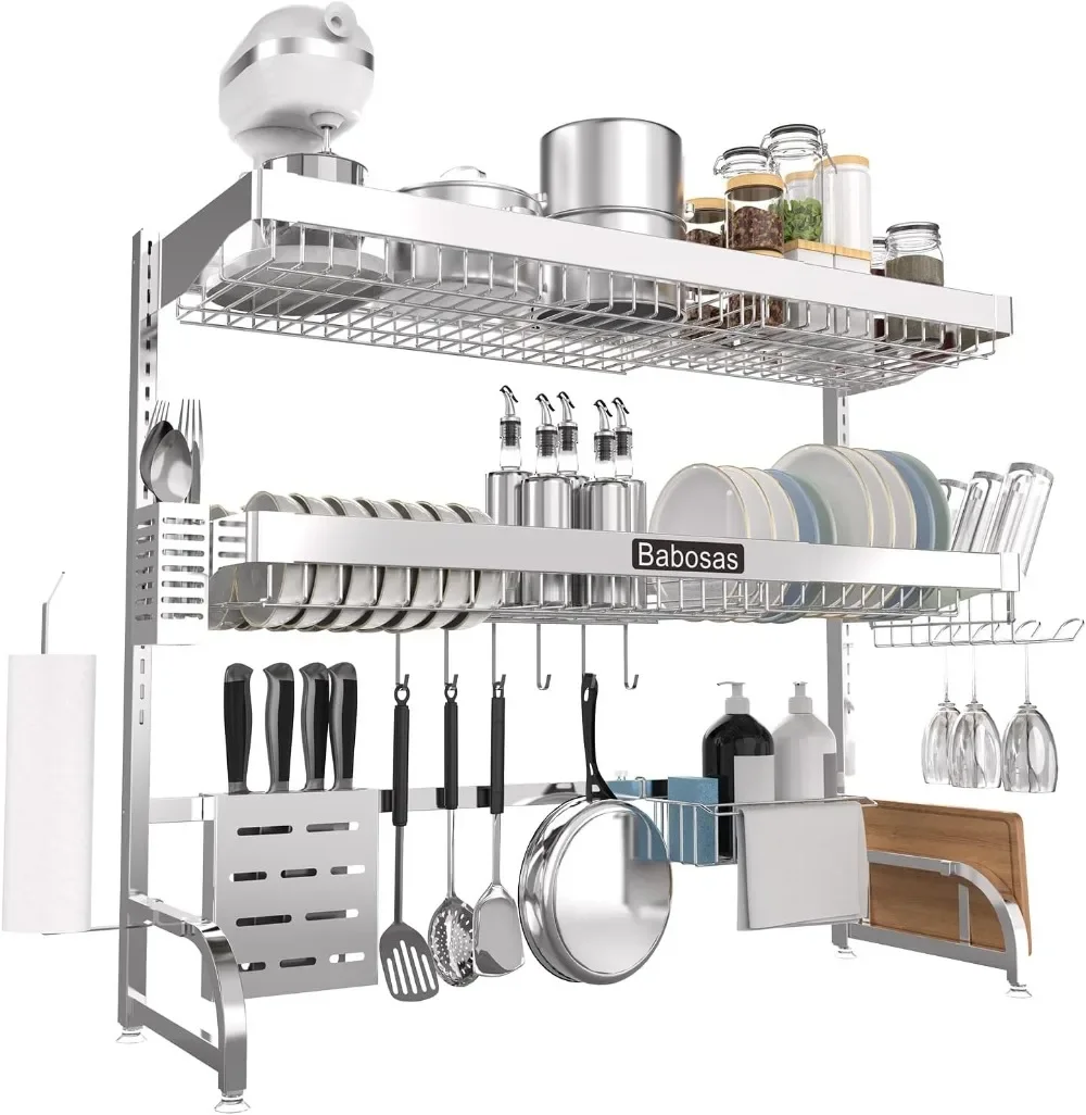 Over The Sink Dish Drainer Drying Rack,3 Tier Adjustable Length (25.5'' to 37.4'') Full Stainless Steel Large Storage Kitchen 6