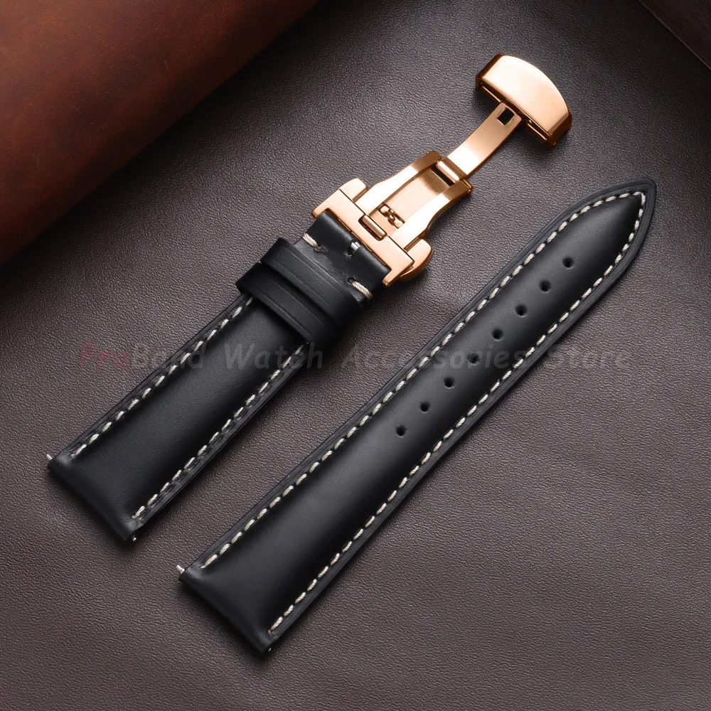 Vintage Brown Oil Wax Leather Watch Strap with Butterfly Buckle - Men's Accessory