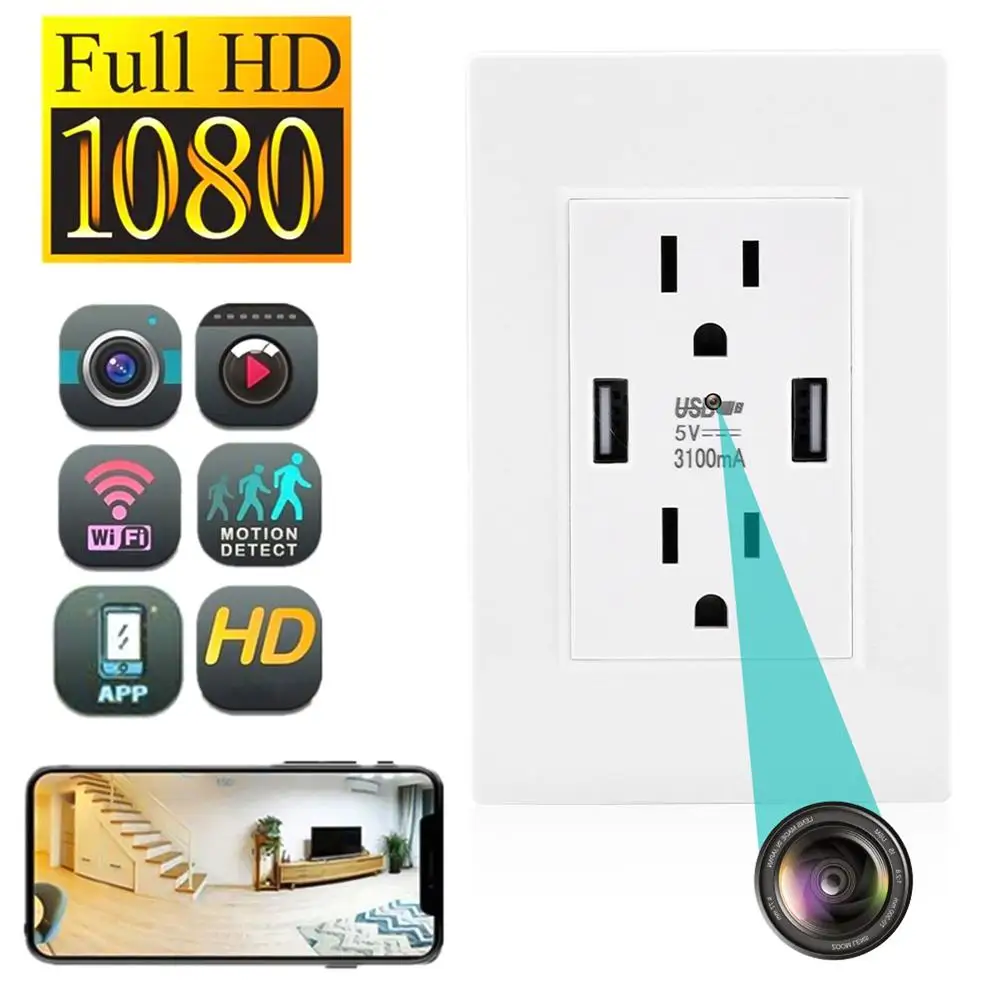 1080P Mini Camera HD WIFI IP US Wall Socket Camera Motion Detection