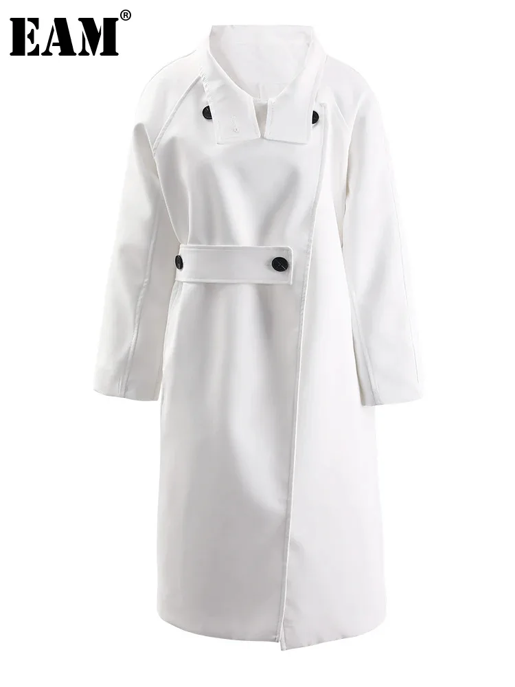 

[EAM] Women White Brief Belted Big Size Trench New Stand Collar Long Sleeve Windbreaker Fashion Tide Spring Autumn 2024 CPG1301