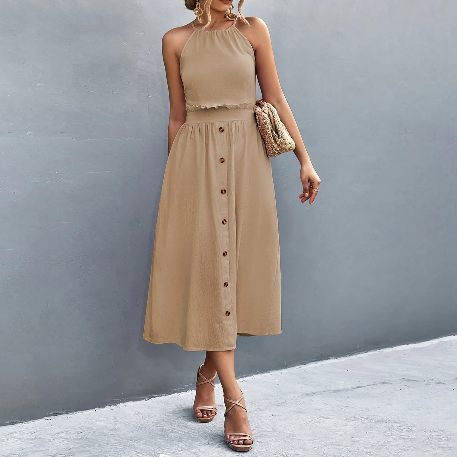 

Women's Backless Button Belted Waist Hanging Neck Sexy Dress Casual Skirt Daily sexy Slim